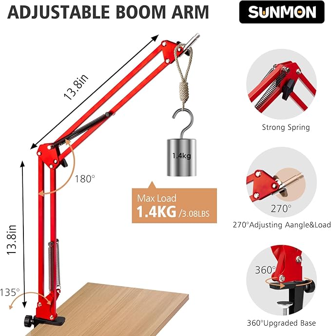 SUNMON HyperX QuadCast Boom Arm - Upgraded Red Boom Arm with Windscreen, Sound Insulation and Noise Reduction, HyperX QuadCast Microphone Arm with 3/8" to 5/8" Adapter