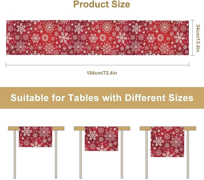 Snowflakes Christmas Table Runner, Winter Holiday Red Table Cloth Kitchen Dining Table Decoration for Home Party Decor 13x36 Inch