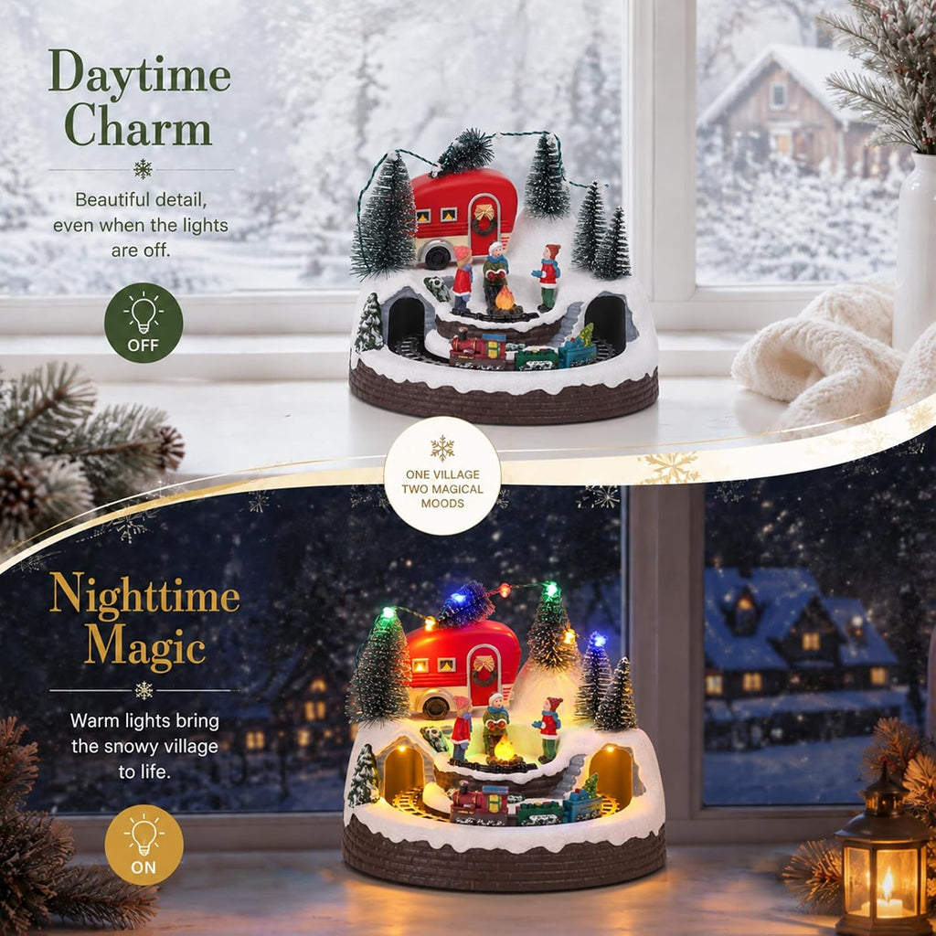 mumtop animated christmas village camper with moving train, close-up detail