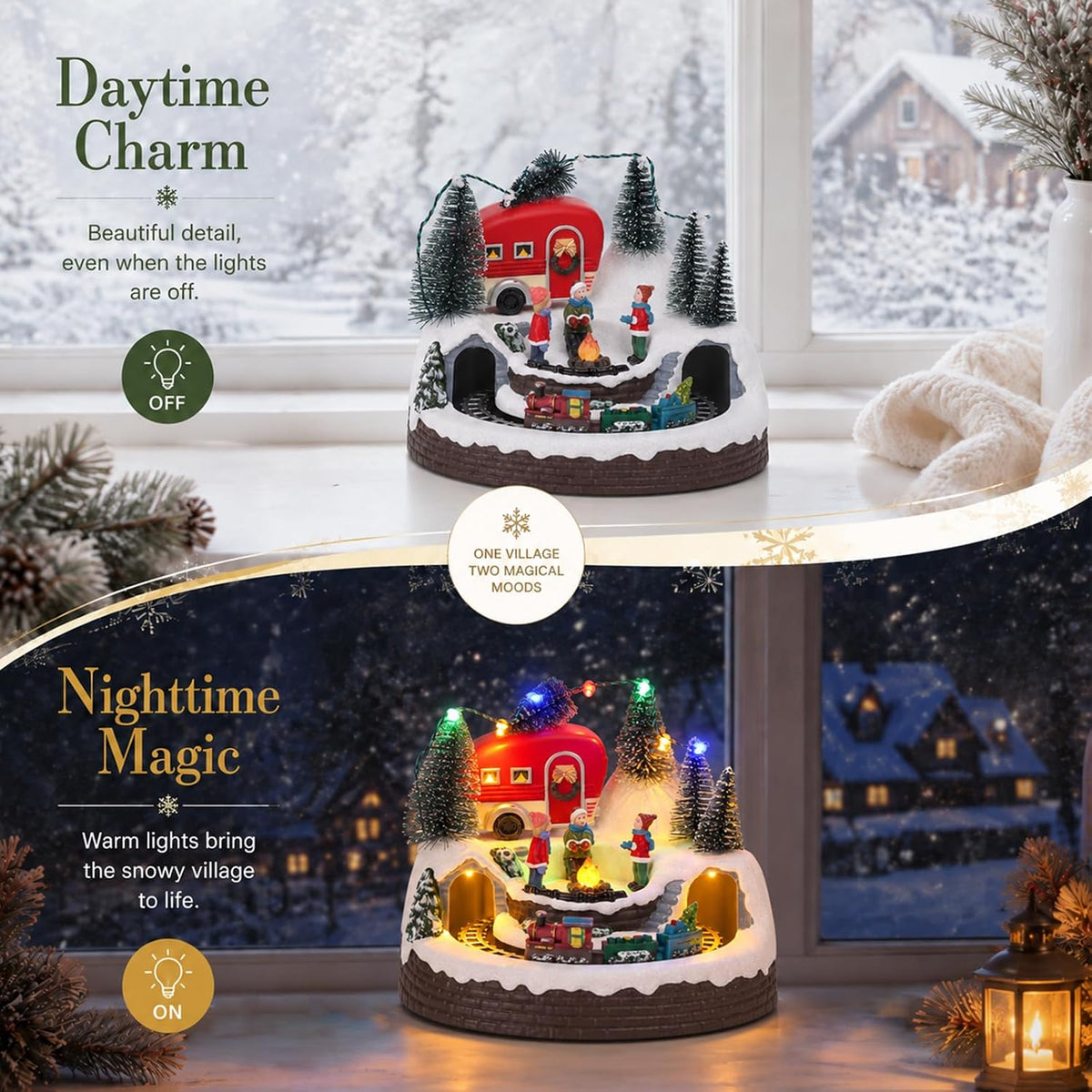 mumtop animated christmas village camper with moving train, close-up detail