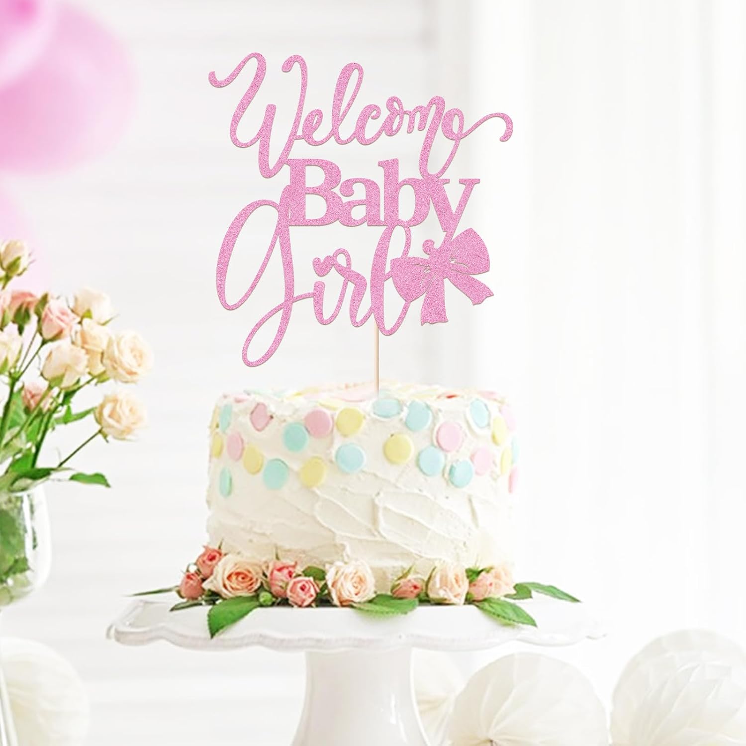 Welcome Baby Girl Cake Toppers - Baby Shower, Baby Shower, Newborn Gender Show Girl Happy Birthday Party Decoration (pink glitter)