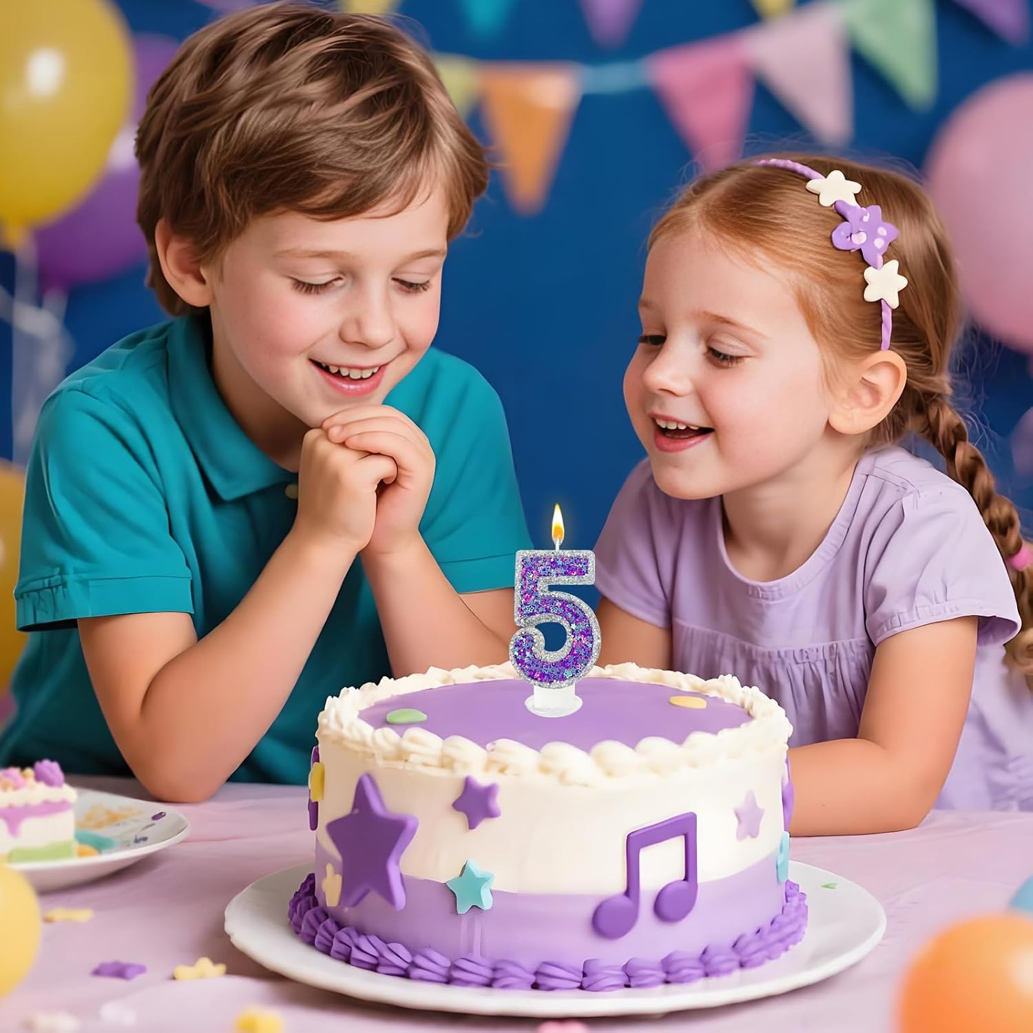 K-pop Number 5 Birthday Candle, Star Glitter Filled Number Candle, Purple Silver Fantasy Cake Topper for Birthday Party Decoration