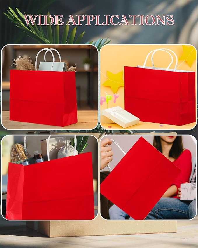 qiqee 50-Packs Red Paper Gift Bags with Handles Bulk 12.6"x4.3"x10" Wide Large Size Party Favor Bags Multiple Uses