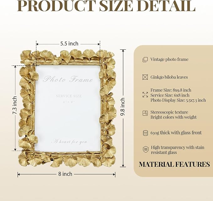 Cuspin 6x8 Picture Frame Gold, Vintage Ornate Leaf Textured Hand-Crafted Resin with Glass Front Antique Photo Frame for Tabletop Display, Retro Design Home Decor