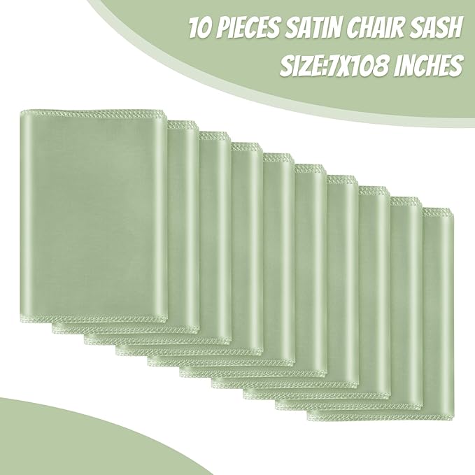 10 PCS Sage Green Satin Chair Sashes Bows Universal Chair Ribbon Ties Back Sash for Wedding Party Reception Events Banquets Hotel Event Chair Cover Decoration (7x108 inch)