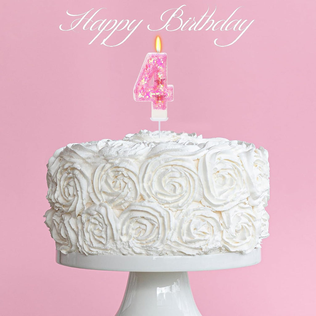 Pink Birthday Candles - Number 4 Candle for Birthday Girl, Butterfly Number Candles for Princess Theme Party Supplies