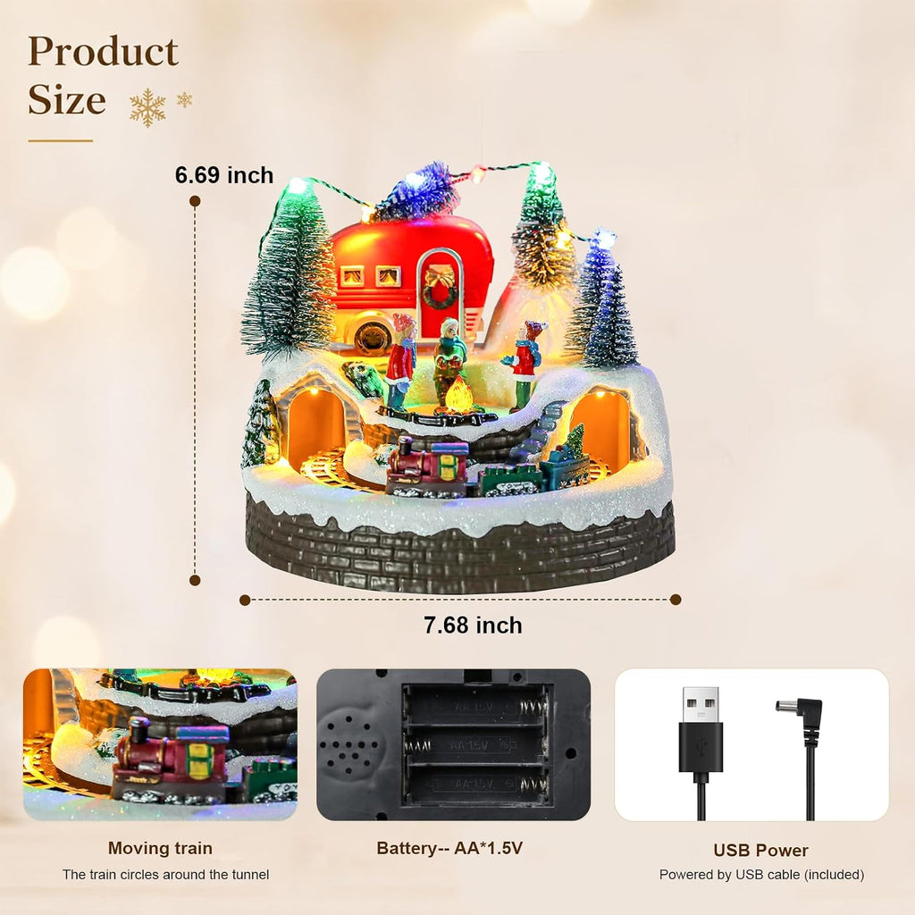 mumtop animated christmas village camper with moving train shown in use