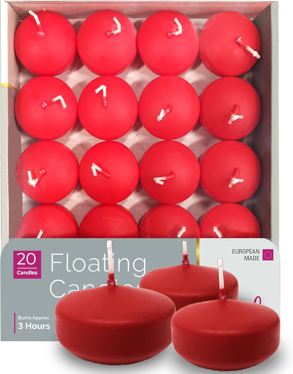 HYOOLA Premium Red Floating Candles 1.75 Inch - 3 Hour - 20 Pack - European Made