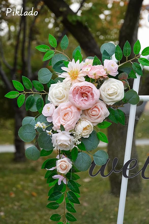 Faux Flower Swag Set of 2 for Wedding Welcome Signs Floral Swag Wedding Reception Ceremony Signs Decor (Pink)