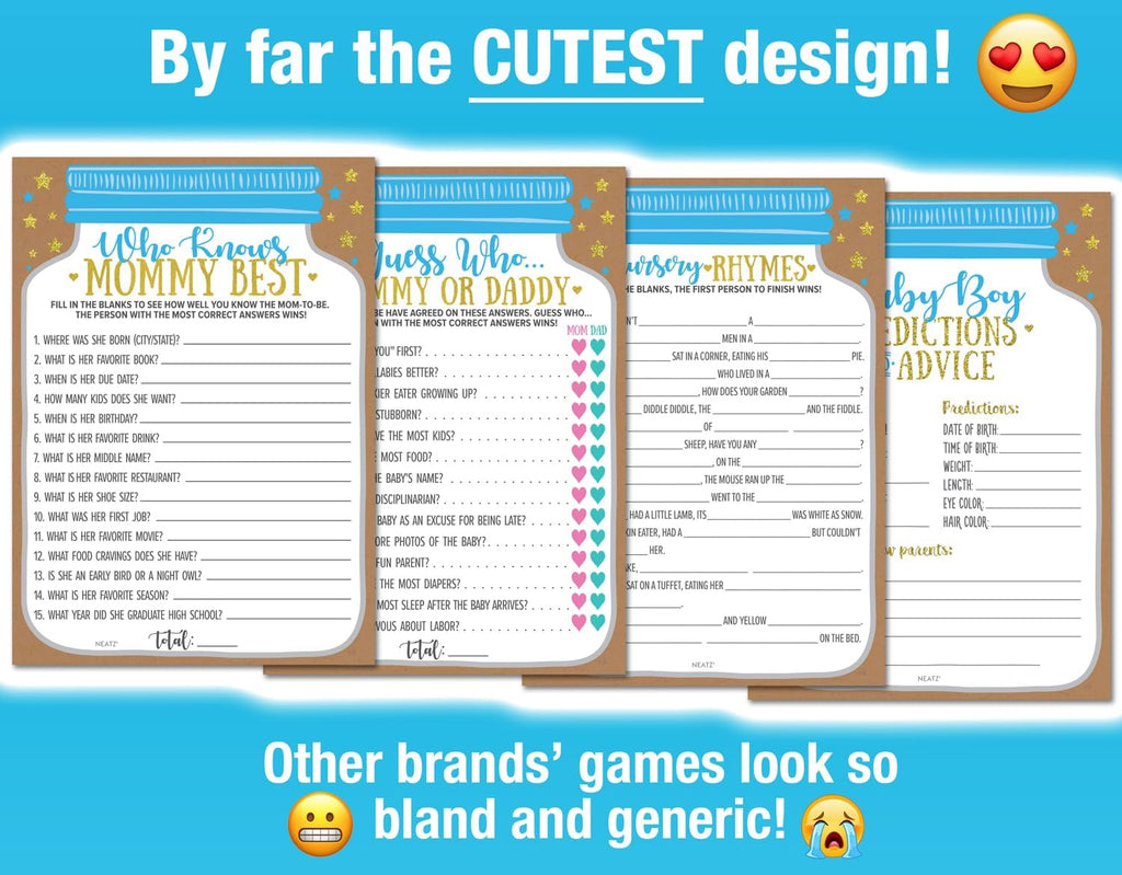 Neatz Baby Shower Games Boy - 7 Games Instant Fun - Baby Prediction Cards, Guess Who Mommy or Daddy, Word Scramble, Advice Cards, Pictionary, How Big is Mommys Belly, Babyshower Game