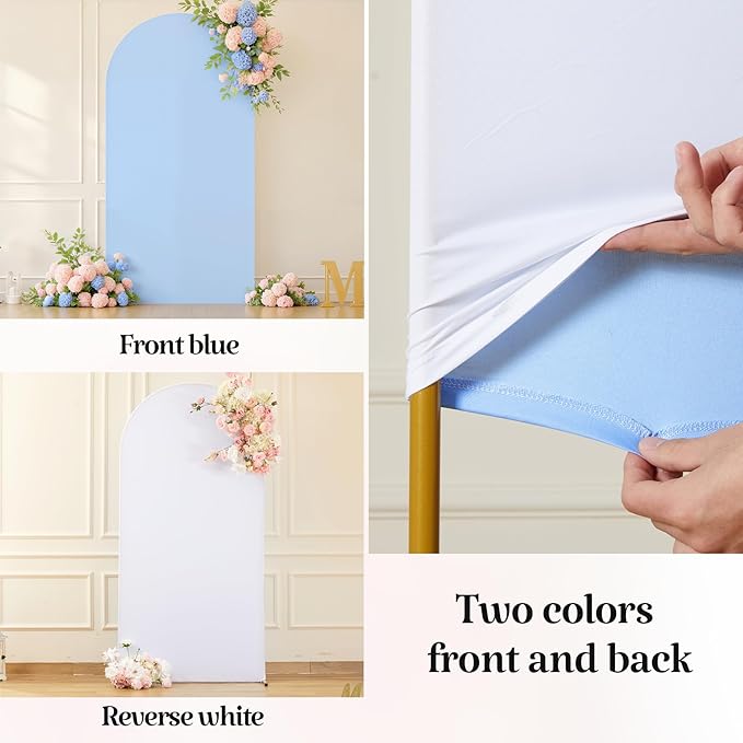 7.2FT 6FT Arch Backdrop Cover for Wedding, Set of 2 Stretchy Spandex Fitted Arch Stand Cover for Baby Shower, Birthday Party Decor, Chiara Backdrop Cover with Double-Sided Design(White, Blue)