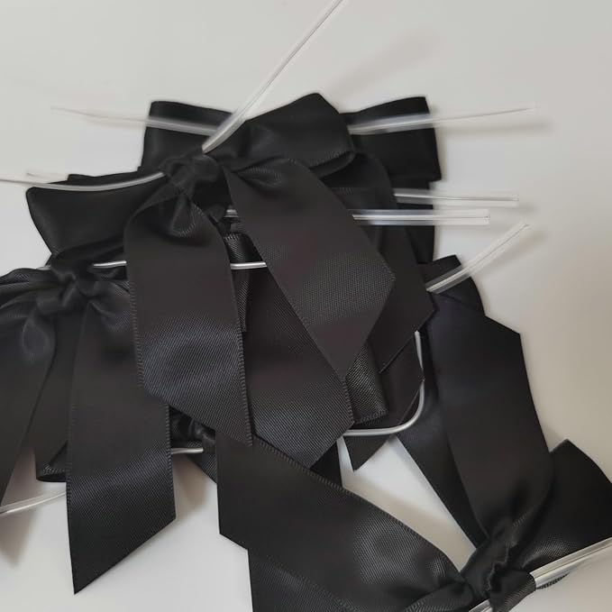 50pcs 3-1/2" Black Satin Ribbon Bows with Twist Ties Giant Bows for Fathers' Day 7th of July Gift Packing&Wrapping (Black)