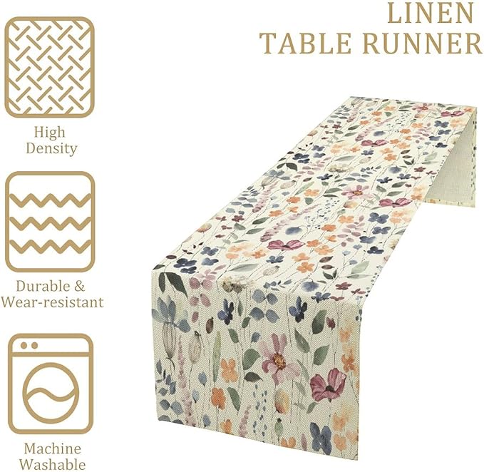 Watercolor Floral Table Runner, Vintage Colorful Floral Natural Style Pattern Decorative Home Restaurant Kitchen Rectangle Table Runner,13in（33cm） W * 36in（92cm） L