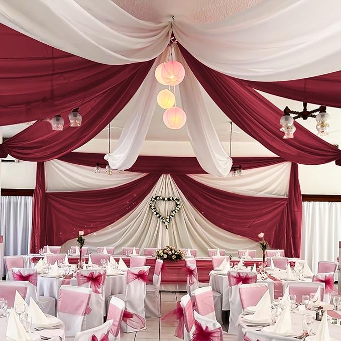 6 Panels Burgundy Wedding Ceiling Drapes 5ftx30ft Ceiling Drapes Chiffon Fabric Arch Draping Sheer Curtains Soft Drapery Draping Wedding Ceiling Decorations for Party Ceremony Stage Swag