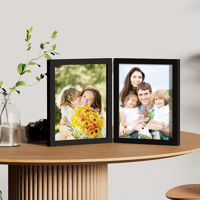 decorUhome Double 8x10 Picture Frame Vertical, Engineered Wood Bifold Photo Frame with Plexiglass for Tabletop Display, 8x10, Black