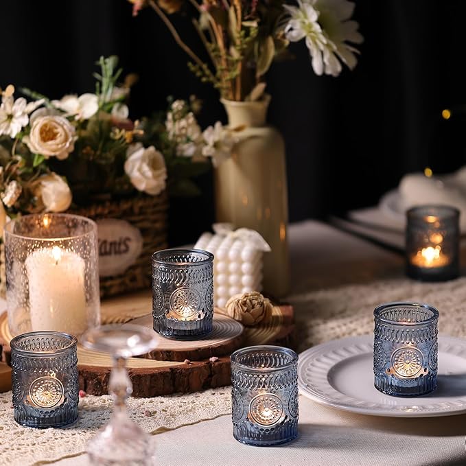DARJEN Blue Votive Candle Holders Set of 36- Glass Candle Holders Bulk for Tea Light Candle, Embossed Candle Votives for Wedding Centerpiece, Living Room & Home Table Decor