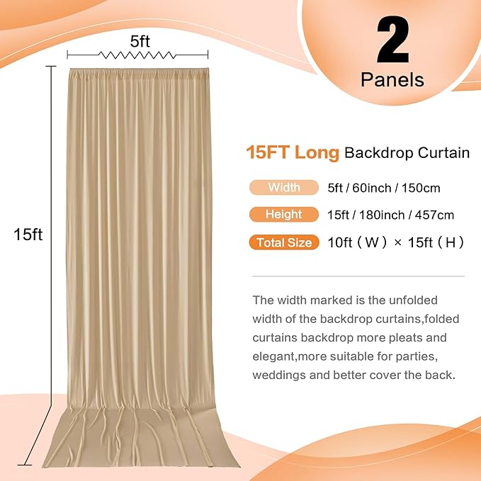 10ft x 15ft Beige Wrinkle Free Backdrop Curtains for Parties,Silky Polyester Fabric Wedding Ceiling Drapes, 2 Panels 15ft Photo Back Drop Drapes for Baby Shower Photography Stage Background Cloth