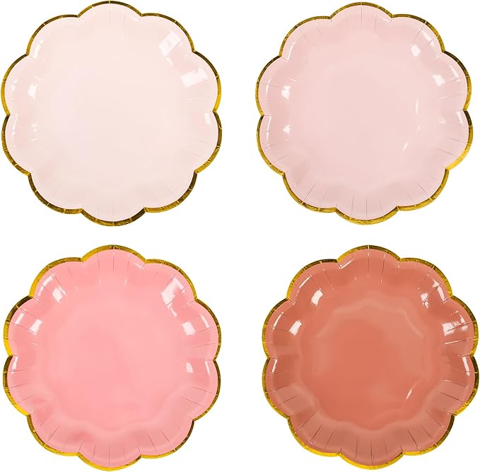 Dusty Pink Gradient Color Dessert Paper Plates, 7 inch Gold Foil Scalloped Edge, Disposable Cake Plates for Tea Party, Birthday, Baby Shower, Wedding Party Supplies (48, Dusty Pink)