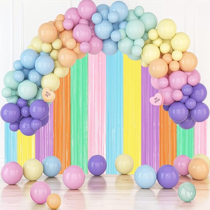 2 Pack Pastel Rainbow Foil Fringe Backdrop Curtains, Tinsel Streamers Party Decorations, Fringe Backdrop, Door Shimmer for Baby Shower or Birthday Party