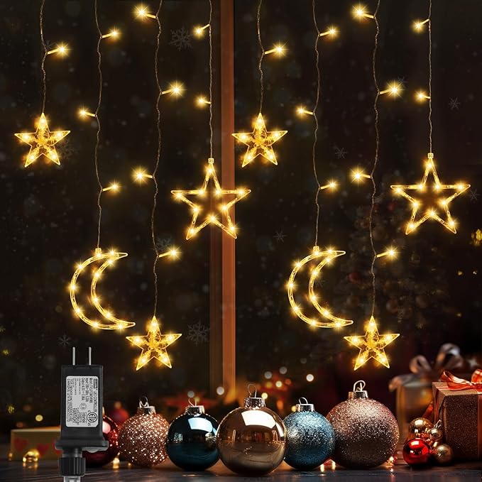 PUHONG Christmas Lights, 11.48FT Curtain String Lights with 8 Light Modes, Star Moon Indoor Outdoor Fairytale String Lights for Bedroom, Window, Wall, Home, Ramadan, Christmas Decoration - Warm White