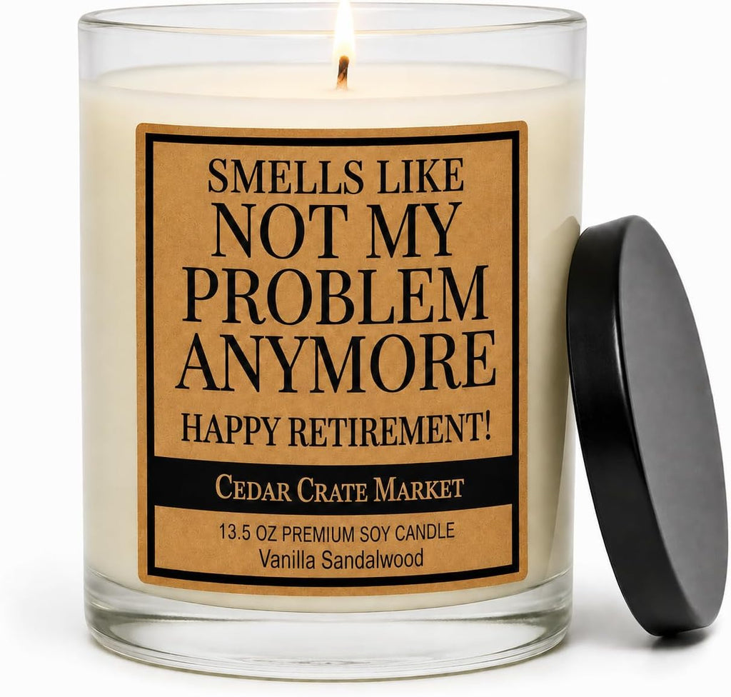 Retirement Gift for Woman, Men 2026 - Funny Vanilla Sandalwood Candle, 13.5oz, 60+ Hr Burn, USA Made Soy Wax - Farewell Gift for Coworker, Mom, Dad, Teacher, Nurse, Boss, Friend, Sister, Brother