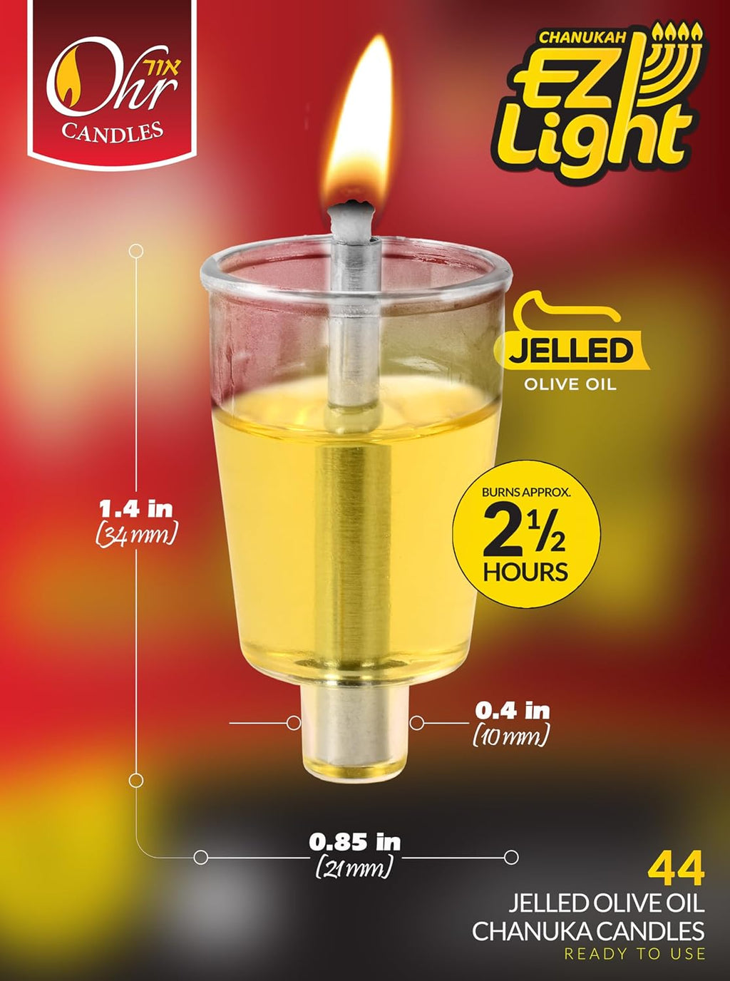 Pre-Filled Menorah Oil Cup Candles - Hanukkah Candles EZ Lights - Jelled 100% Olive Oil with Cotton Wick in Plastic Cup - Medium Size, 44 Pack, Burns 2.5 Hrs