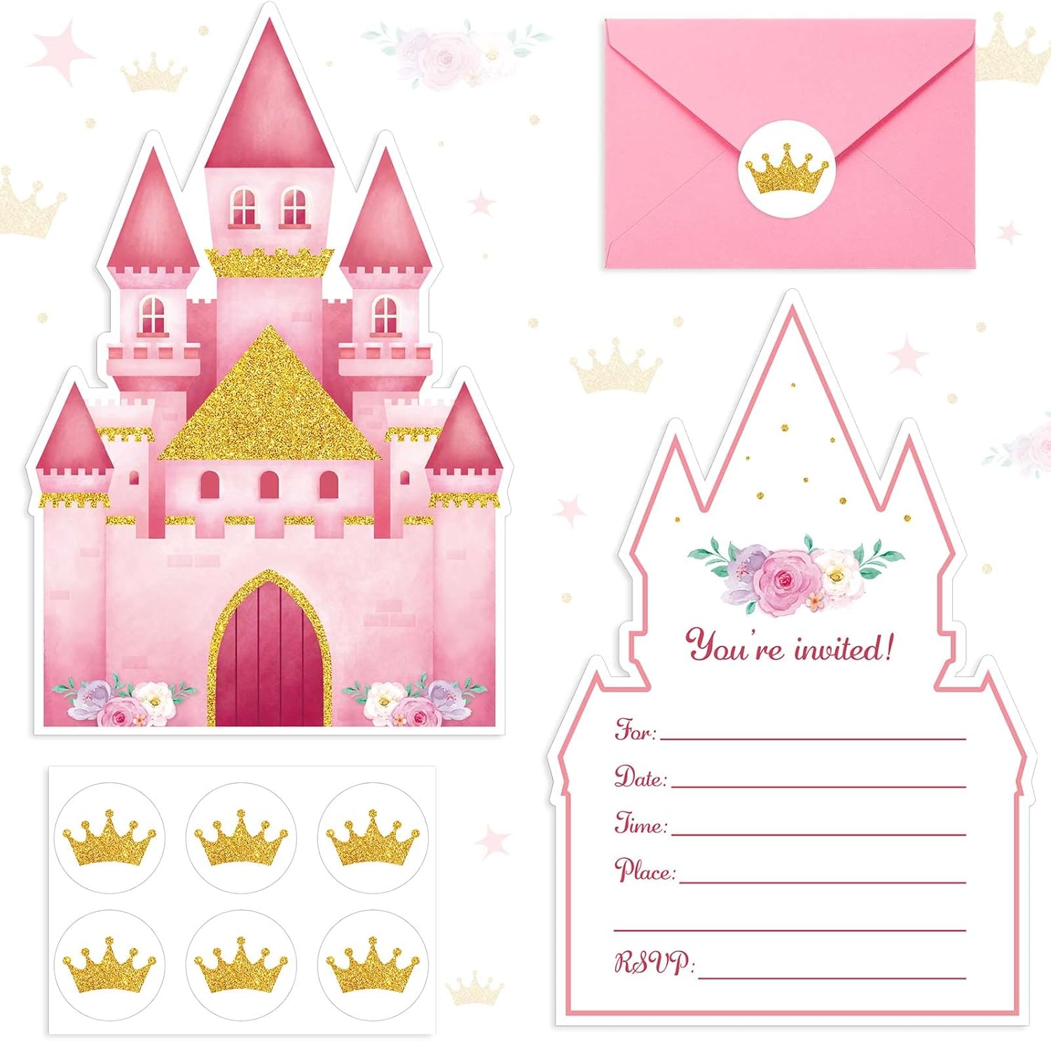 30 Sets Pink Castles Birthday Invitations with Envelopes Stickers Themed Invitations for Girl Boy Birthday Party Supplies Decoration