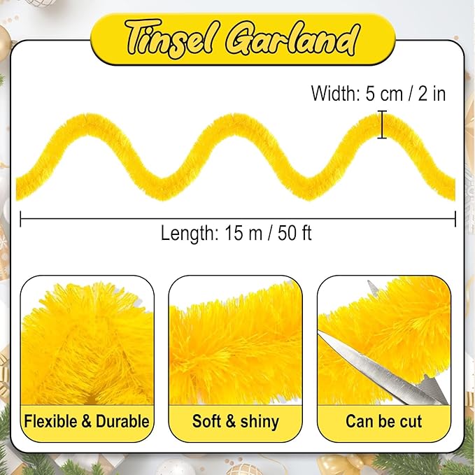 50 Feet Macaron Yellow Christmas Tinsel Garland, Metallic Foil Twist Banner Wall Hanging Tinsel Streamers Backdrop for Parade Floats, Christmas, Mother's Day, Birthday Party Decorations(2in x 50ft)