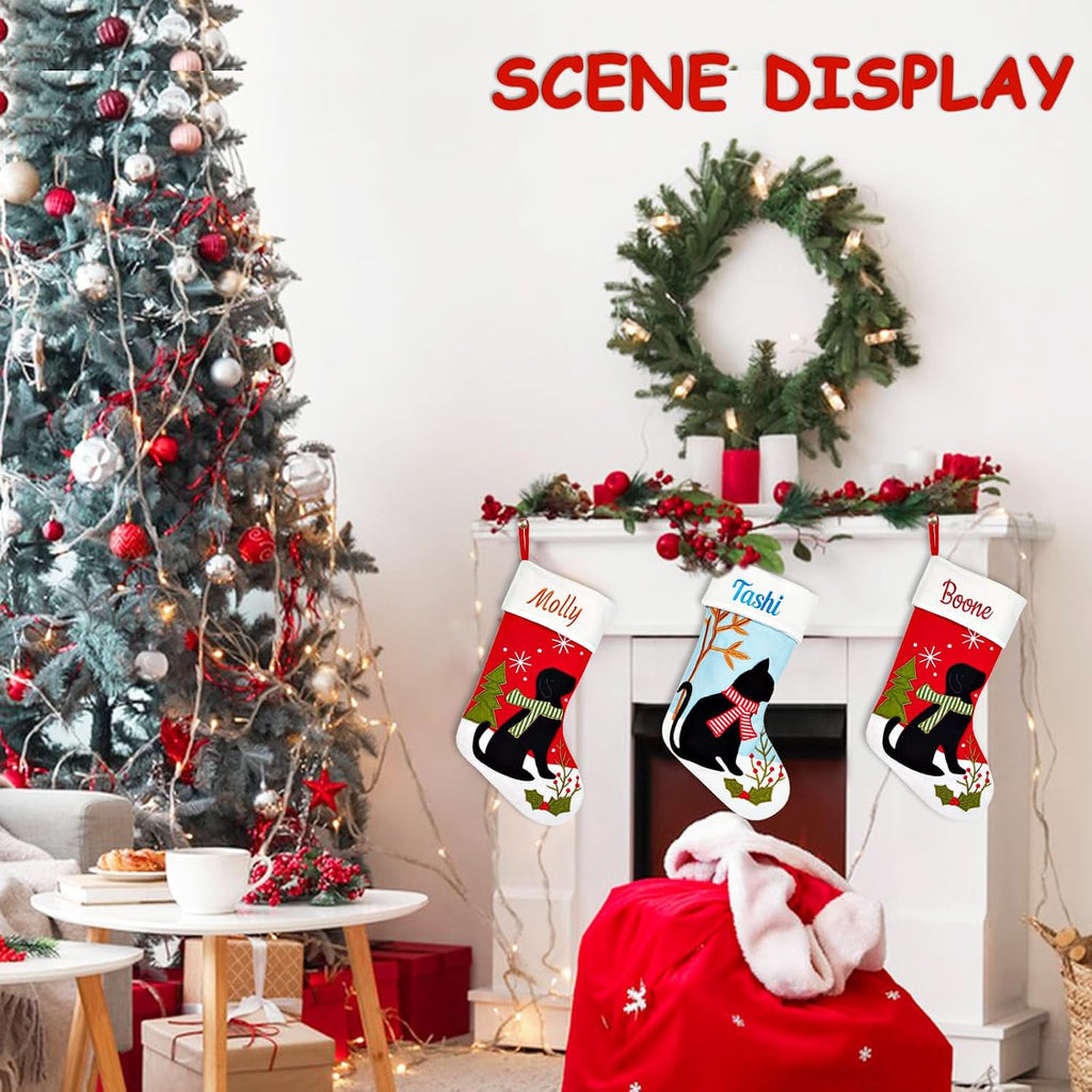 Personalized Cat and Dog Christmas Stocking, Customizable Name 17'' Pet Stocking, Black Cat and Dog Pattern Christmas Stocking, Home Mantel Holiday Hanging Decoration (1 Pack)