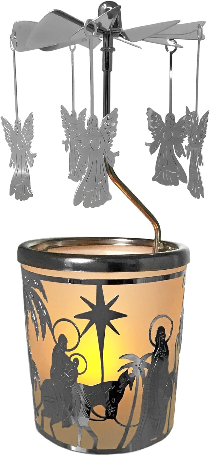 Spinning Angels Christmas Candle Holder - Holy Family Scene - Scandinavian Style -Measures 6.25" x 2.5" and Includes a Smokeless Candle.
