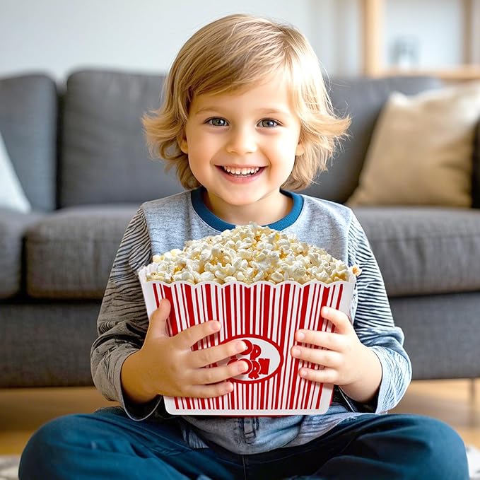 Hedume 6 Pack Popcorn Containers, Plastic Movie Theater Style Popcorn Container Set, Red & White Striped Classic Popcorn Boxes for Movie Night, Reusable (Square, 9" x 9" x 6")