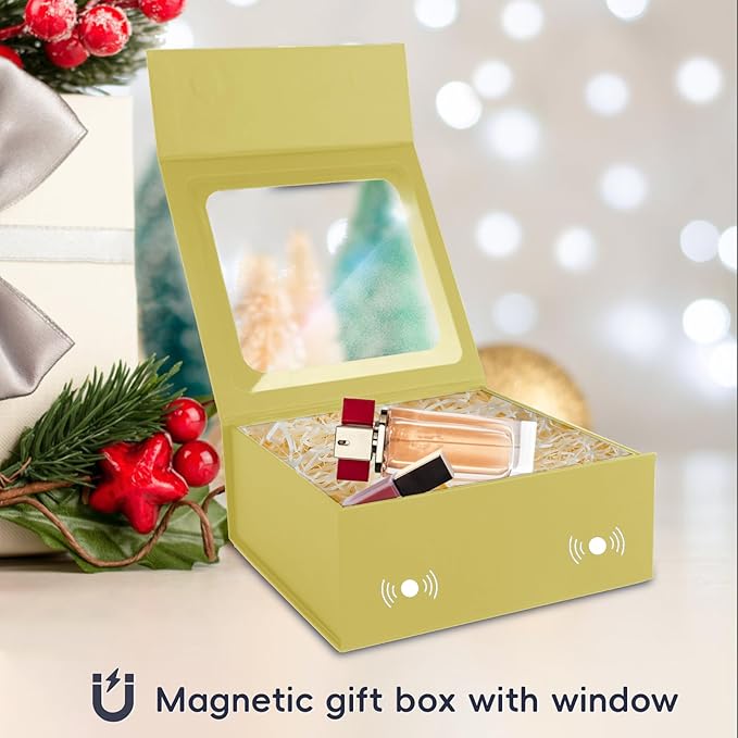 Gold Gift Boxes with Window,7.5"x7.5"x3.1" Bridesmaid Boxe for Gift Giving,Birthday Gift Box with Magnetic,Closure Lid Gift Boxes for Presents,Cute Boxe,Luxury for Gift Packaging,Gift Box for Wrapping Gifts