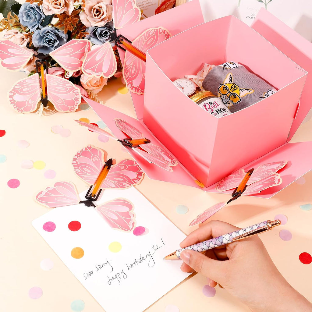 XLSXEXCL Butterfly Explosion Cardboard Gift Box, Flying Butterfly Surprise Box for Birthday, Wedding, Anniversaries, Christmas (Pink)