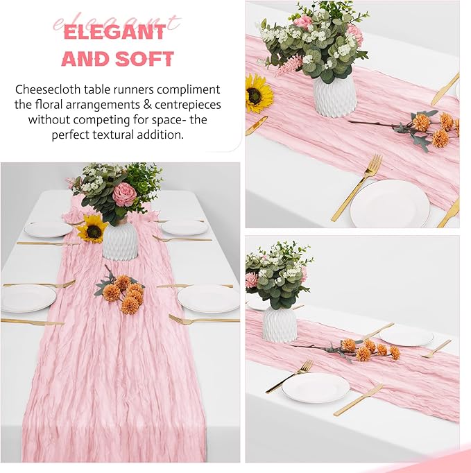 Aktor 12 Pack Pink Table Runner Boho Cheesecloth Table Runner Semi Sheer Gauze Fabric Runners for Wedding Birthday Baby Shower Party Boho Table Decoration（Pink）
