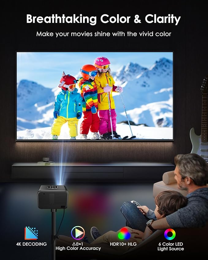 Smart 4K Projector for Bedroom, Indoor Outdoor Home Theater Projectors with WiFi, Bluetooth, NFC, Wireless Airplay Mirroring, Google TV, Dolby, HDMI ARC for Movie Night, Gaming, Halloween, Holiday
