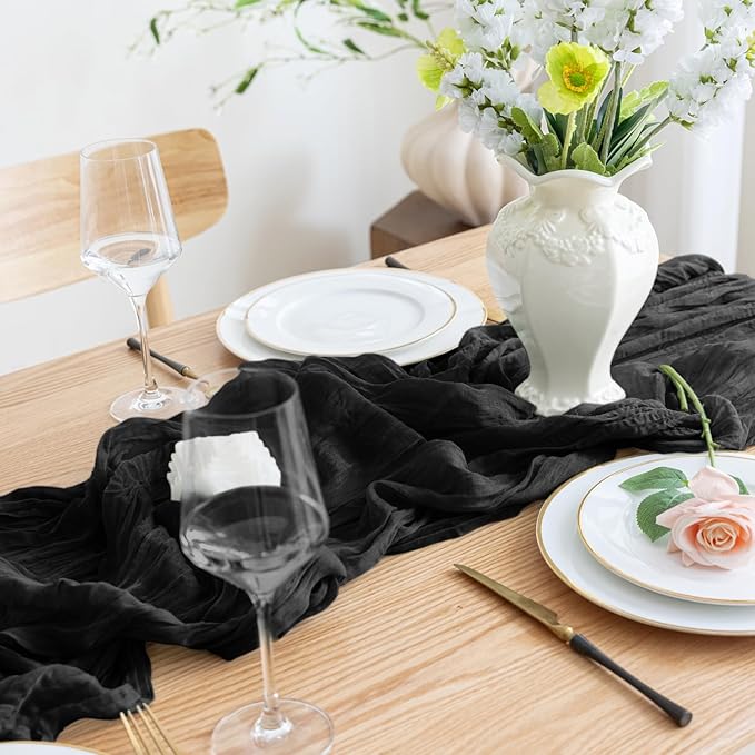 Asee'm 6pcs Cheesecloth Table Runner 120 Inches Long Black Boho Gauze Cheese Cloth Runner 10FT Rustic Sheer Table Runners for Christmas Wedding Party Baby Shower Spring Easter Decoration
