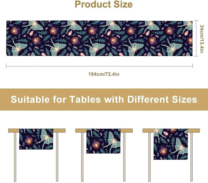 Moth Table Runner, Retro Boho Aesthetic Blue Moth Magic Table Runner for Home Kitchen Dining Party Indoor Outdoor Decoration 13x120 Inch
