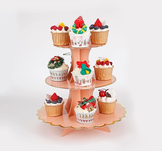 3-Tier Cupcake Stand, Pink Cake Stand Holder, Lace Tiered DIY Cupcake Stand Tower for Dessert Table Displays, Birthday Theme Party Favors Decoration, Floral Tea Party, 12" W x 12.8" H