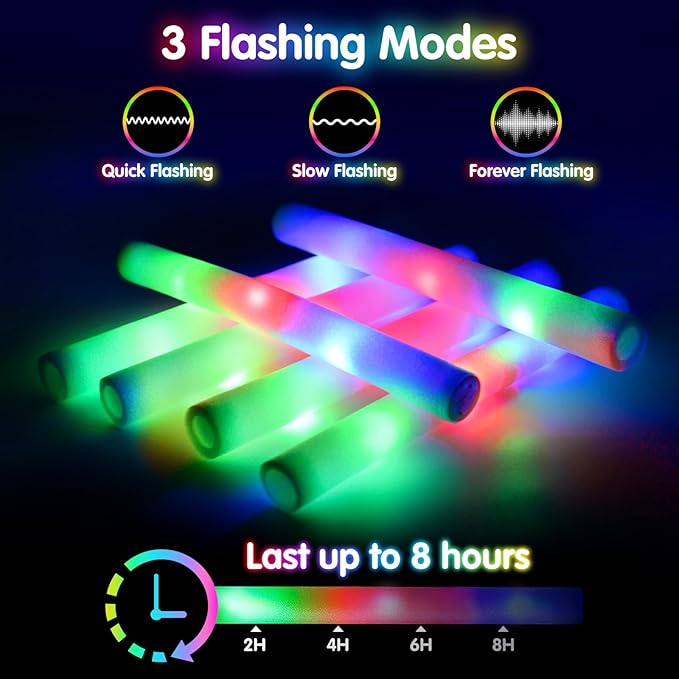 66 PCS Foam Glow Sticks, Glow In The Dark Party Supplies, Foam Light up Sticks with 3 Modes Colorful Flashing, Glow Party Supplies, Foam Glow Sticks Bulk for Wedding, Party, Concert, Raves, Birthday