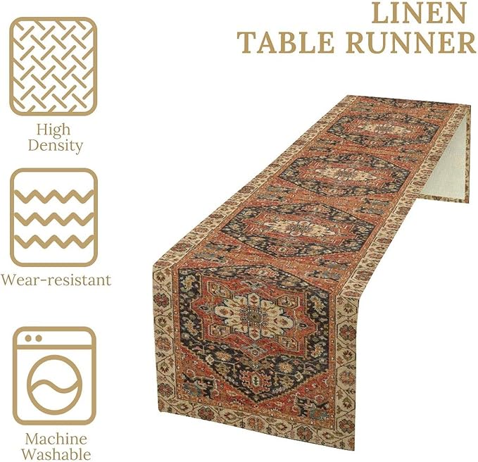 Vintage Boho Floral Table Runner, Rustic Country Farmhouse Orange Black Retro Flower Pattern for Home Kitchen Table Decor Dining Coffee Room Party Decor 13x108in