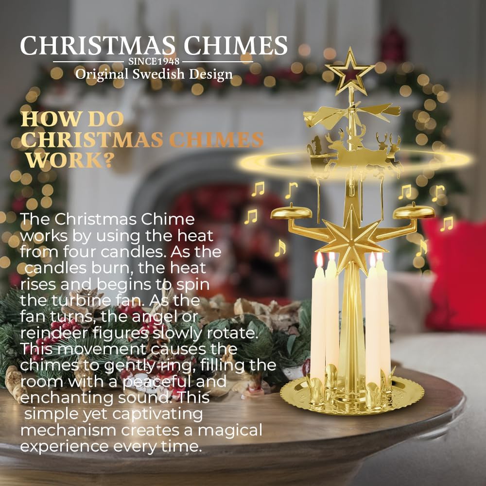 Original Swedish Christmas Chimes, Santa, Carousel and 4 Candles – Scandinavian Spinning Festive Chimes for Christmas, Best Memorial Gift Since 1948, Home Decorations - Brass