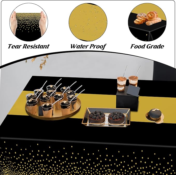 QZYL 12Pack Plastic Table Cloth Disposable, 54" x 108" Waterproof Black Table Cloths with Gold Dots, Outdoor Tablecloth for Rectangle, Table Cloth Cover for New Years Eve Decorations Holiday Birthday