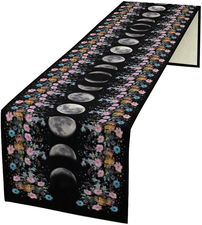 Boho Floral Moon Table Runner, Spring Flower Leaves Mystical Gothic Sun Moon Table Runner for Kitchen Dining Table Home Party,13x70 Inch Purple