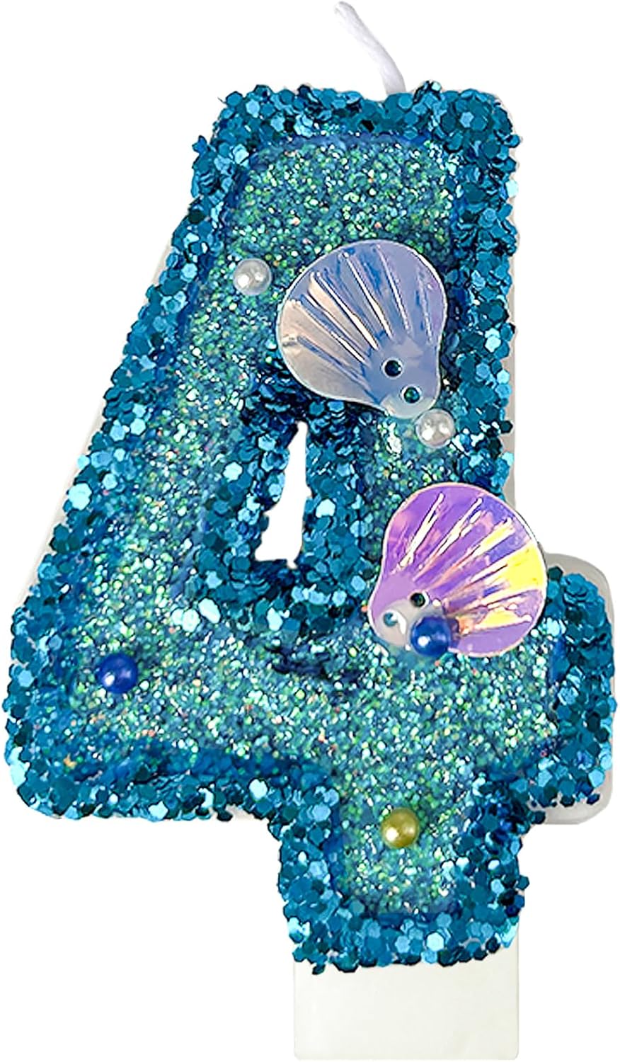 Blue Shell Sequin Number Candle Birthday Cake Number Candle for Mermaid Theme Party, Wedding, Party, Party Decoration Supplies (4)