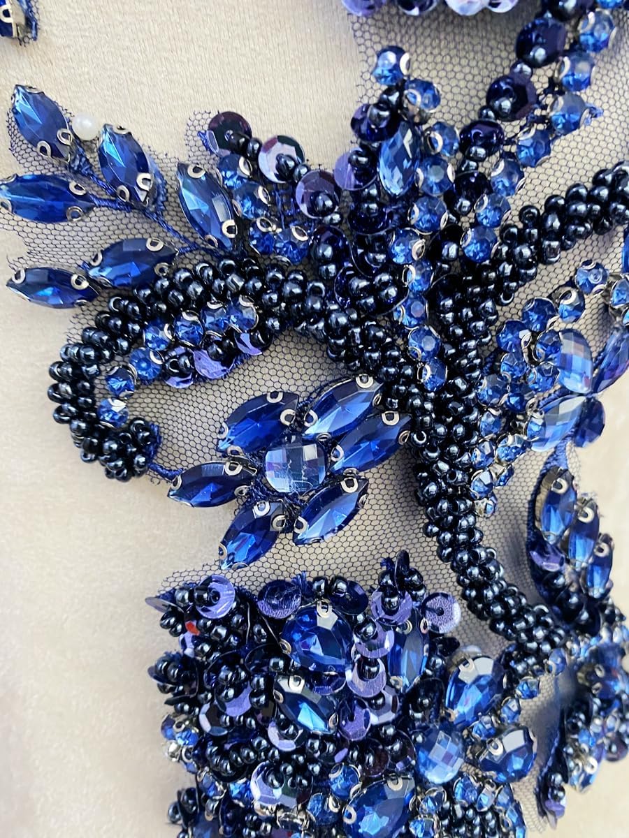 Handmade Rhinestones Bodice lace Applique handsewing Beads Sequins Trim Patch...