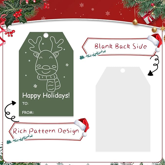 100PCS Christmas Gift Tags 10 Styles Merry Christmas Gift Tags with String Modern Kraft Name Tag for Present Wrapping Xmas Holiday Festive Party Favors