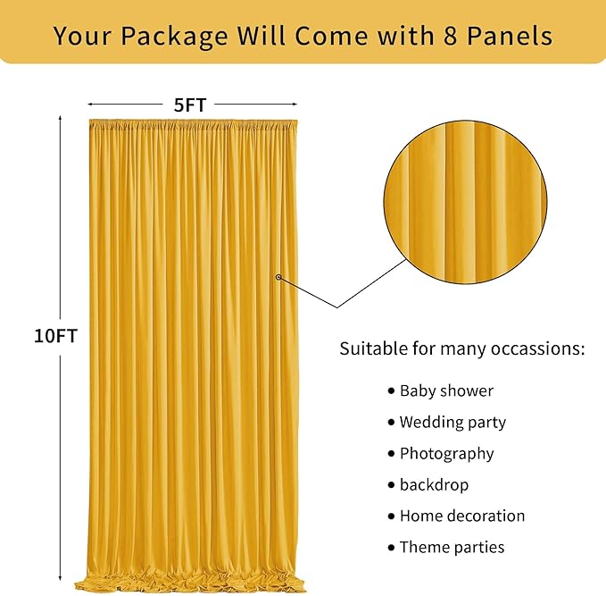 40 ft x 10 ft Wrinkle Free Yellow Backdrop Curtain for Parties, Ginger Polyester Photo Backdrop Drapes,Thick Background 8 Panels 5ft x 10ft for Baby Shower Wedding Birthday Party Backdrop Stand