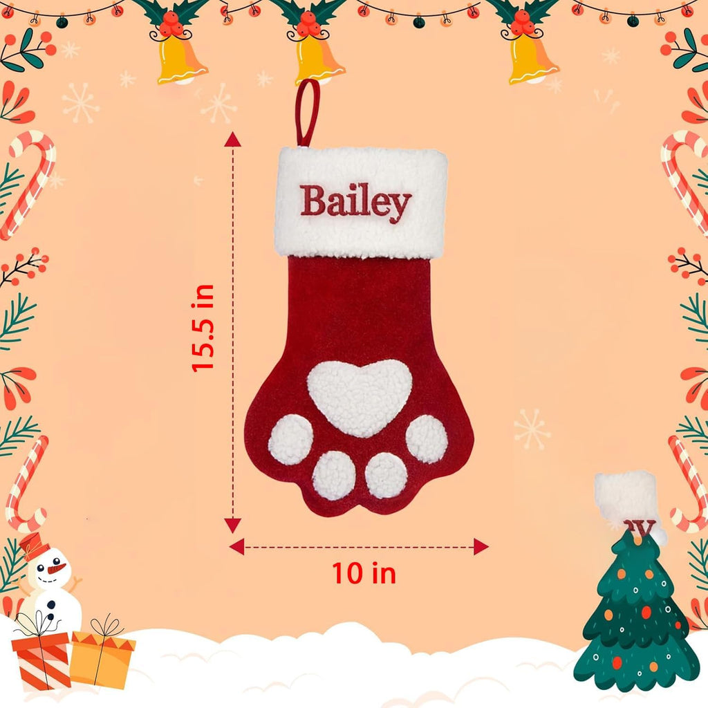 Custom Pet Christmas Stocking: Large Personalized Embroidered Name Stocking for Dogs Cats Pets, Paw Shape Xmas Stocking Fireplace Hanging Stockings Family Holiday Stockings (1 pcs)