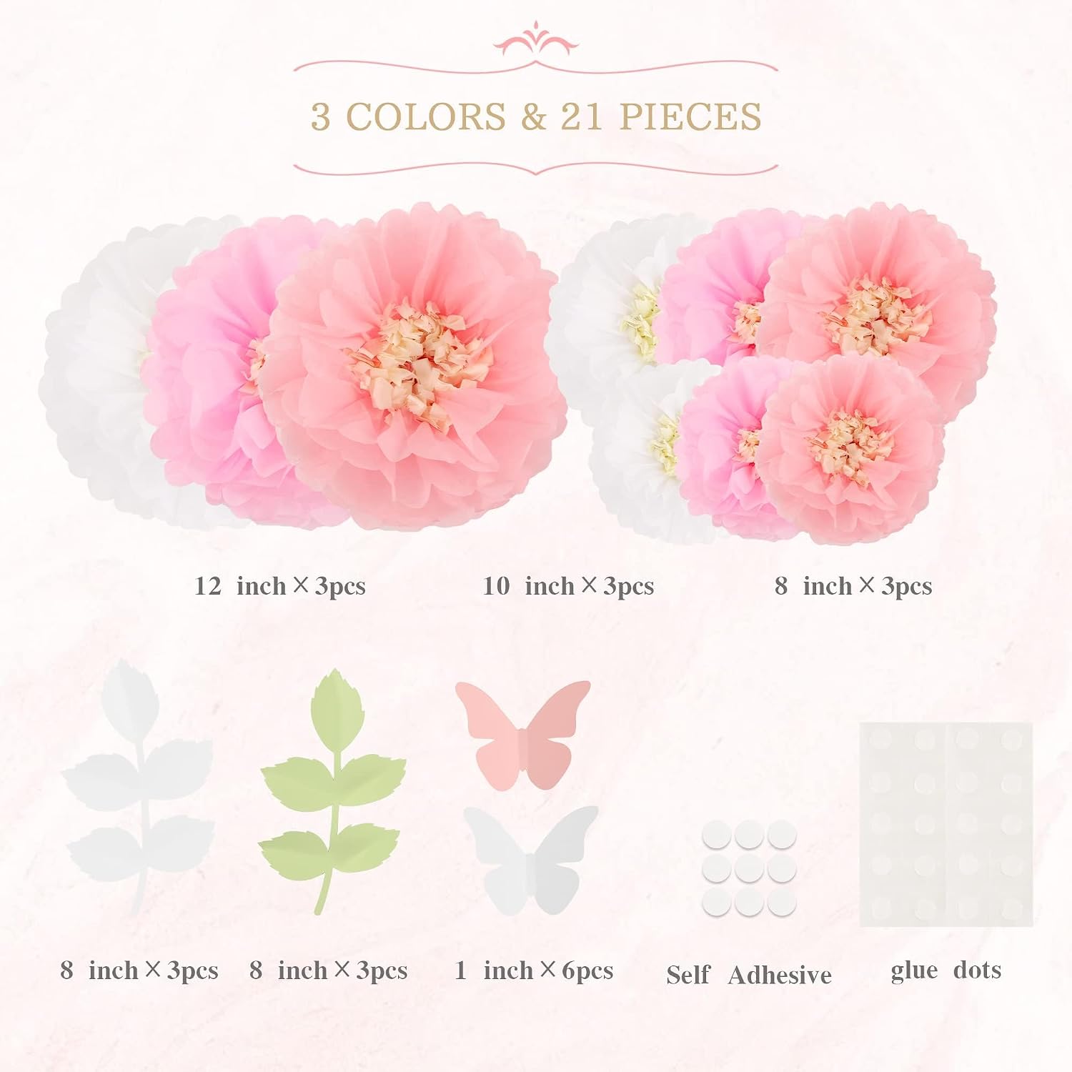 Fonder Mols Tissue Paper Chrysanth Flowers with Butterfly and Olive Leaves for Wedding Baby Shower Nursery Room Parties & Events Decorations Pom Poms (White Light Pink Pink)