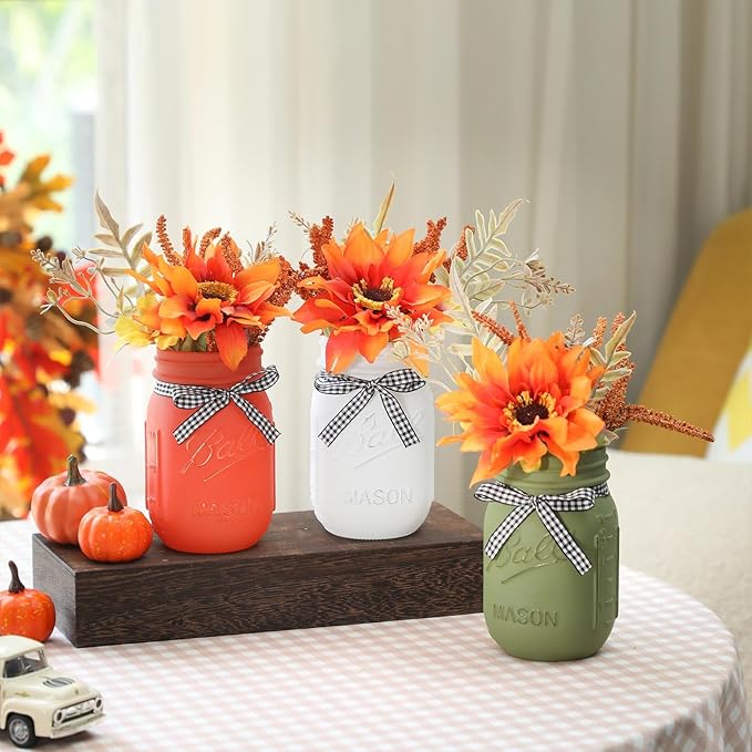 Thanksgiving Fall Mason Jar Centerpiece for Table with Artificial Flowers, Set of 3 Mason Jars Farmhouse Decor Decorative Jars for Thanksgiving Home Decor, Thanksgiving Dinner Table Centerpiece